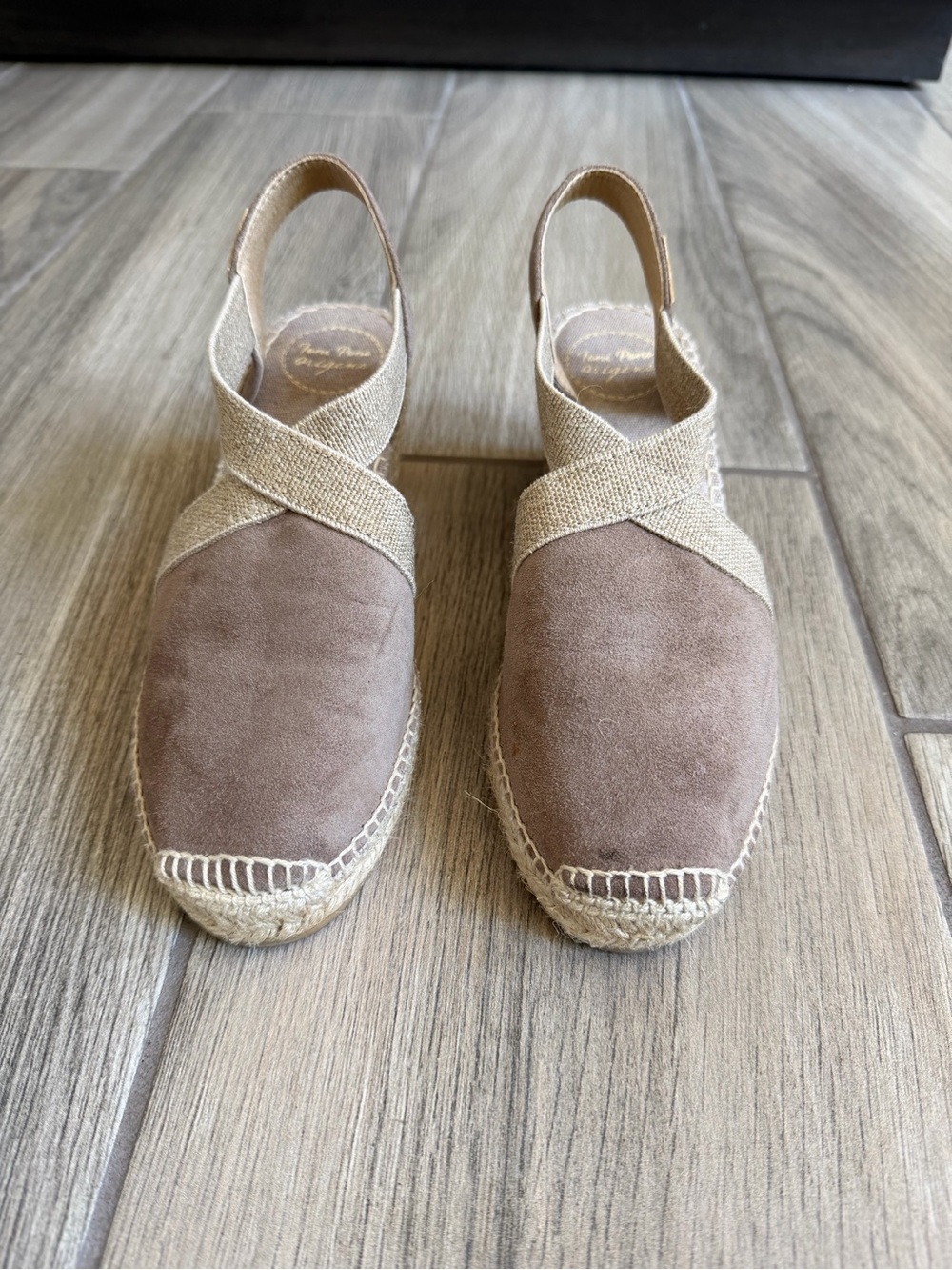 Women's Taupe Suede Espadrille Slingback Flats with Cross Straps